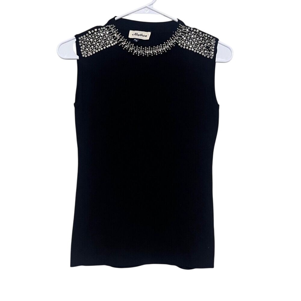 Alythea Knit Tank Top Womens Black Rhinestone Embellished Mock Neck S/M